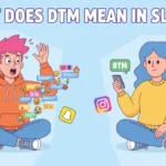 Illustration of two friends texting on smartphones where one sends many dramatic messages and the other replies “DTM,” representing the slang meaning “Doing Too Much” in online chats and social media conversations.