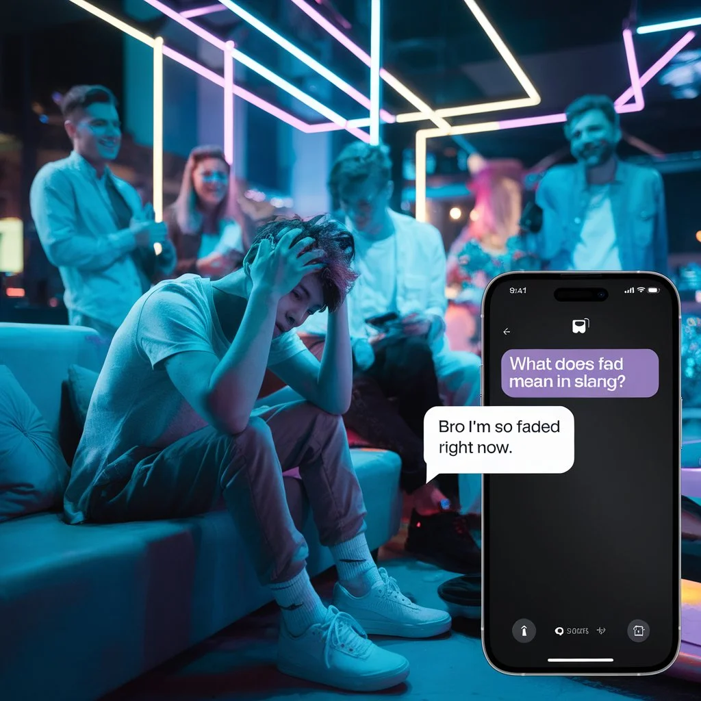 Young man sitting on a couch at a neon-lit party looking dizzy while friends socialize in the background, with a smartphone showing the message “Bro I’m so faded right now,” illustrating the slang meaning of “faded” as being very drunk or high.