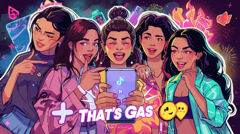A group of stylish young friends excitedly reacting to a smartphone screen, showing something amazing, with glowing effects and flames around it and the text “That’s Gas 🔥” representing hype slang.