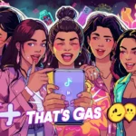 A group of stylish young friends excitedly reacting to a smartphone screen, showing something amazing, with glowing effects and flames around it and the text “That’s Gas 🔥” representing hype slang.
