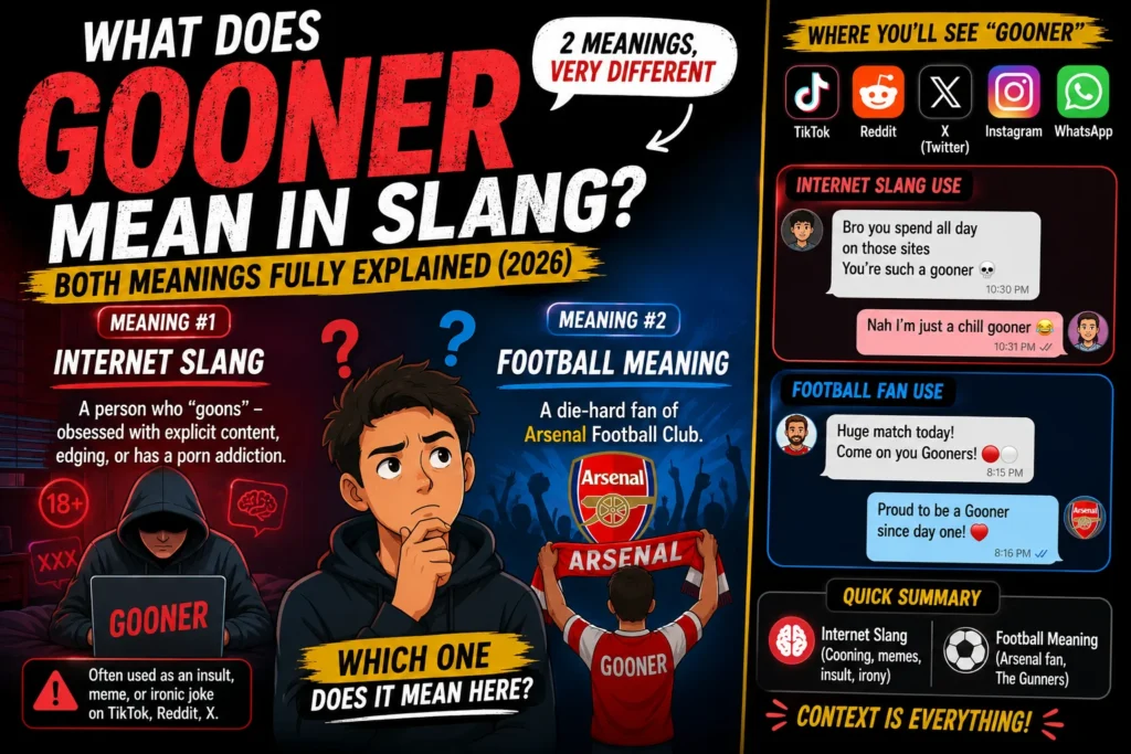 Illustration explaining the meaning of FOMO (Fear of Missing Out) in text messages and social media, featuring a person checking their phone while friends enjoy an event, with chat notifications, social media icons, and bold text highlighting the slang term FOMO and its use in online conversations.