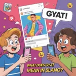 Cartoon illustration of Gen Z friends reacting to a social media post on a smartphone with the message “GYAT!”, representing the slang meaning of GYAT as an excited reaction to something impressive or attractive in texting and TikTok culture.