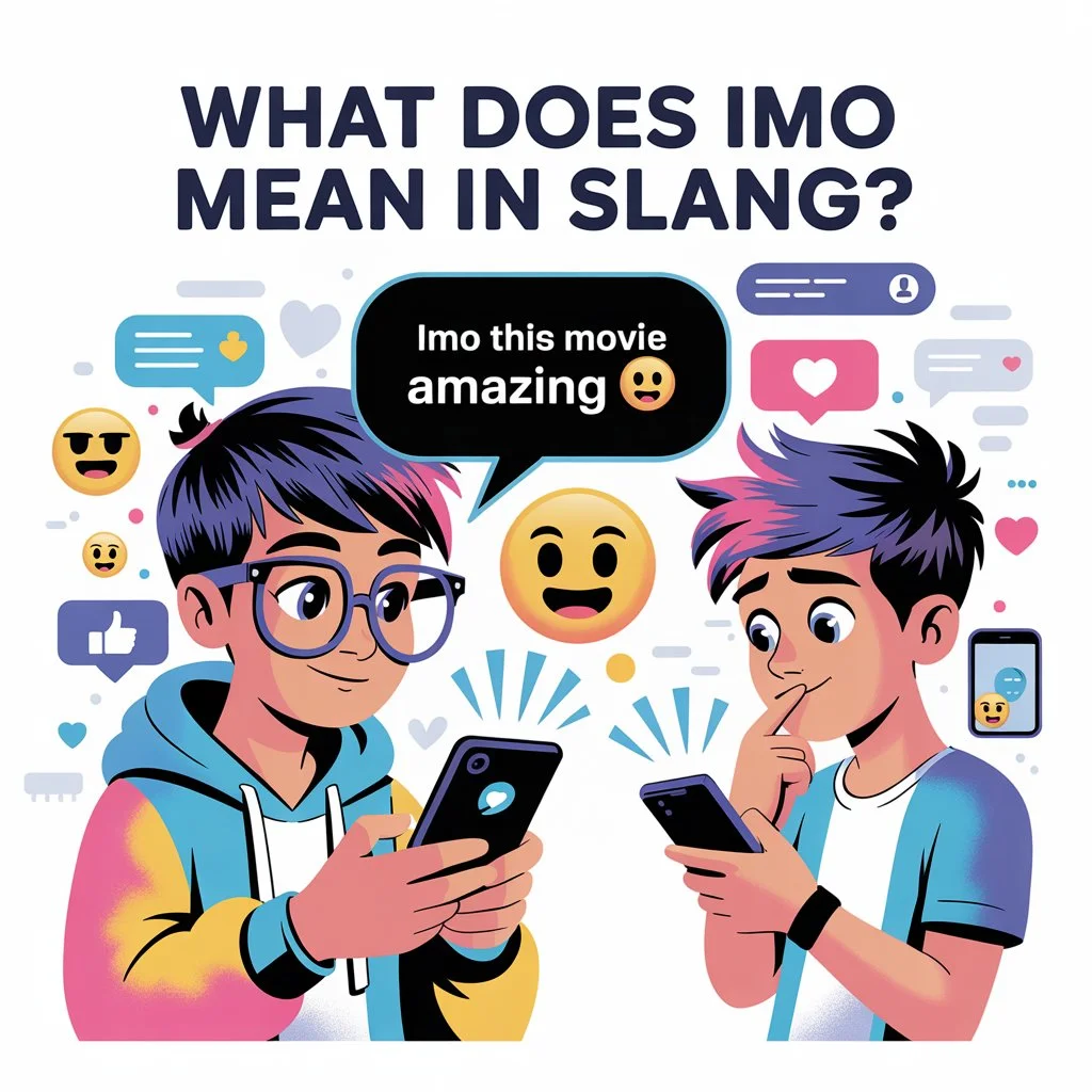 Illustration of two teens texting on smartphones with a chat bubble saying “IMO this movie amazing,” explaining the meaning of IMO in slang.