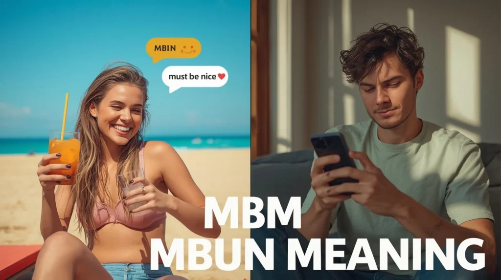 Two young adults reacting to a message, one relaxing happily at the beach while the other looks at their phone with a jealous expression, with a chat bubble showing “MBN,” representing must be nice slang.