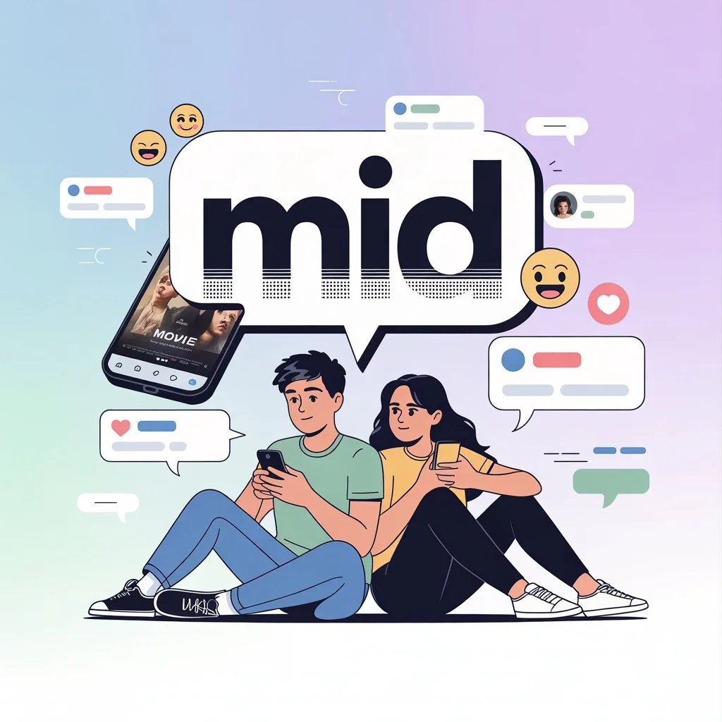 Illustration of two friends texting on smartphones with a chat bubble showing “MID,” representing the slang meaning “average or mediocre” used in social media and texting conversations.