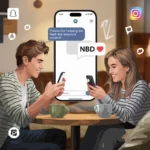 Illustration of two friends texting on smartphones with a chat bubble saying “NBD,” visually explaining the slang meaning “No Big Deal” used in casual text messages and social media conversations.