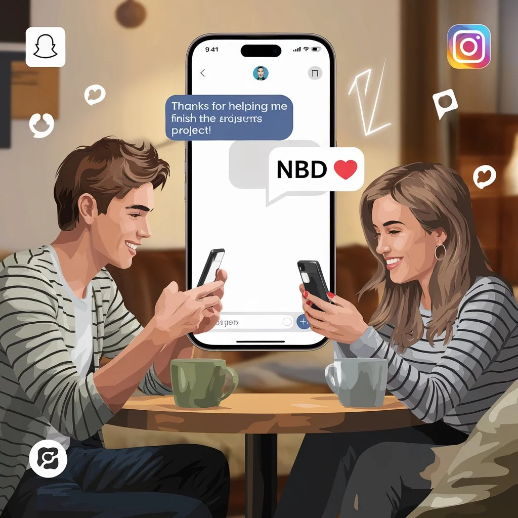 Illustration of two friends texting on smartphones with a chat bubble saying “NBD,” visually explaining the slang meaning “No Big Deal” used in casual text messages and social media conversations.