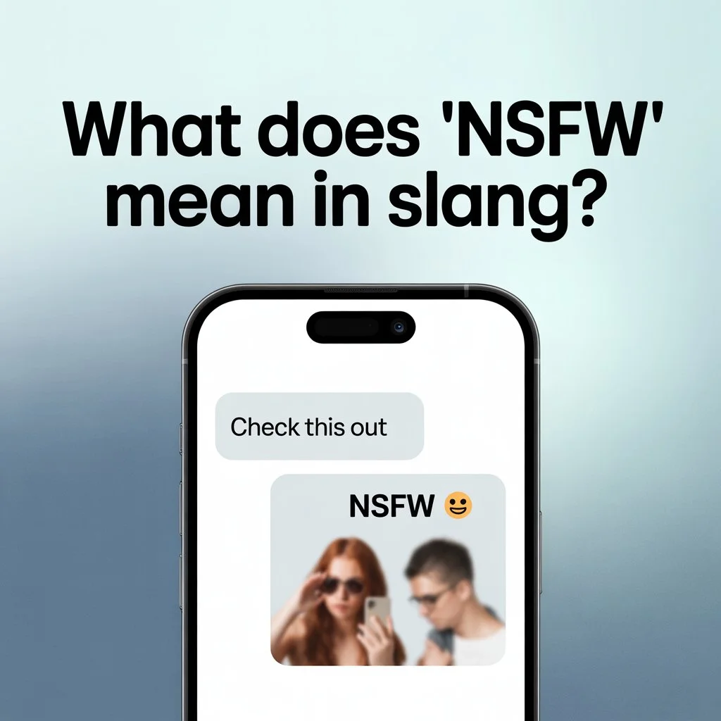 Smartphone chat displaying “NSFW” with a warning icon and blurred content preview, illustrating its meaning as “not safe for work” in texting and online conversations.