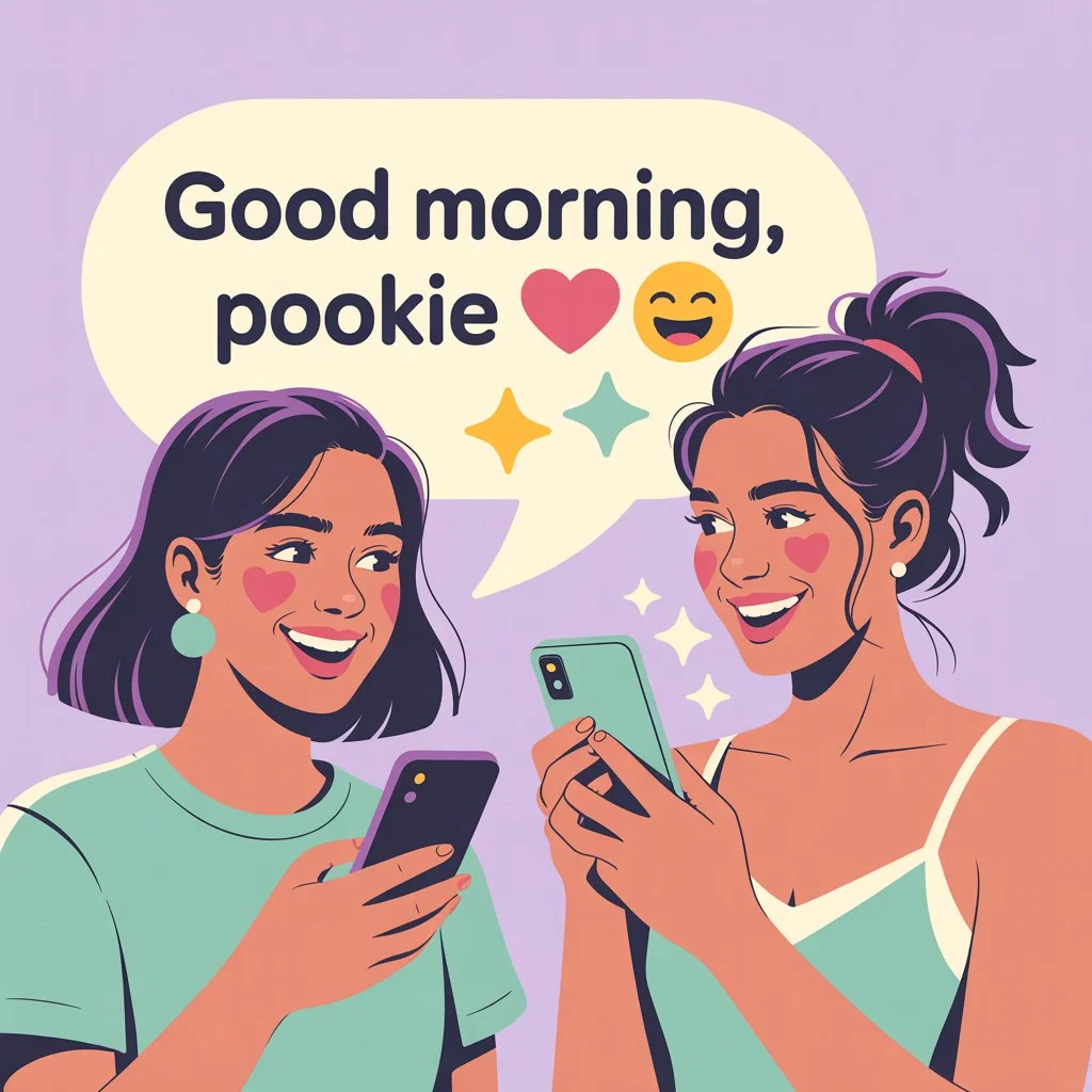 Illustration of two young people smiling while texting on a smartphone, with a chat message saying “Good morning, pookie ❤️,” representing the slang meaning of “pookie” as a cute affectionate nickname used in texting and social media.
