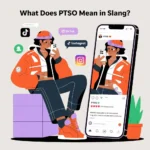 Illustration of a stylish person taking a mirror selfie while wearing a trendy outfit, with a chat bubble saying “PTSO 🔥,” representing the slang meaning of PTSO (Put That Sht On) used to compliment someone’s fashion in text and social media.*
