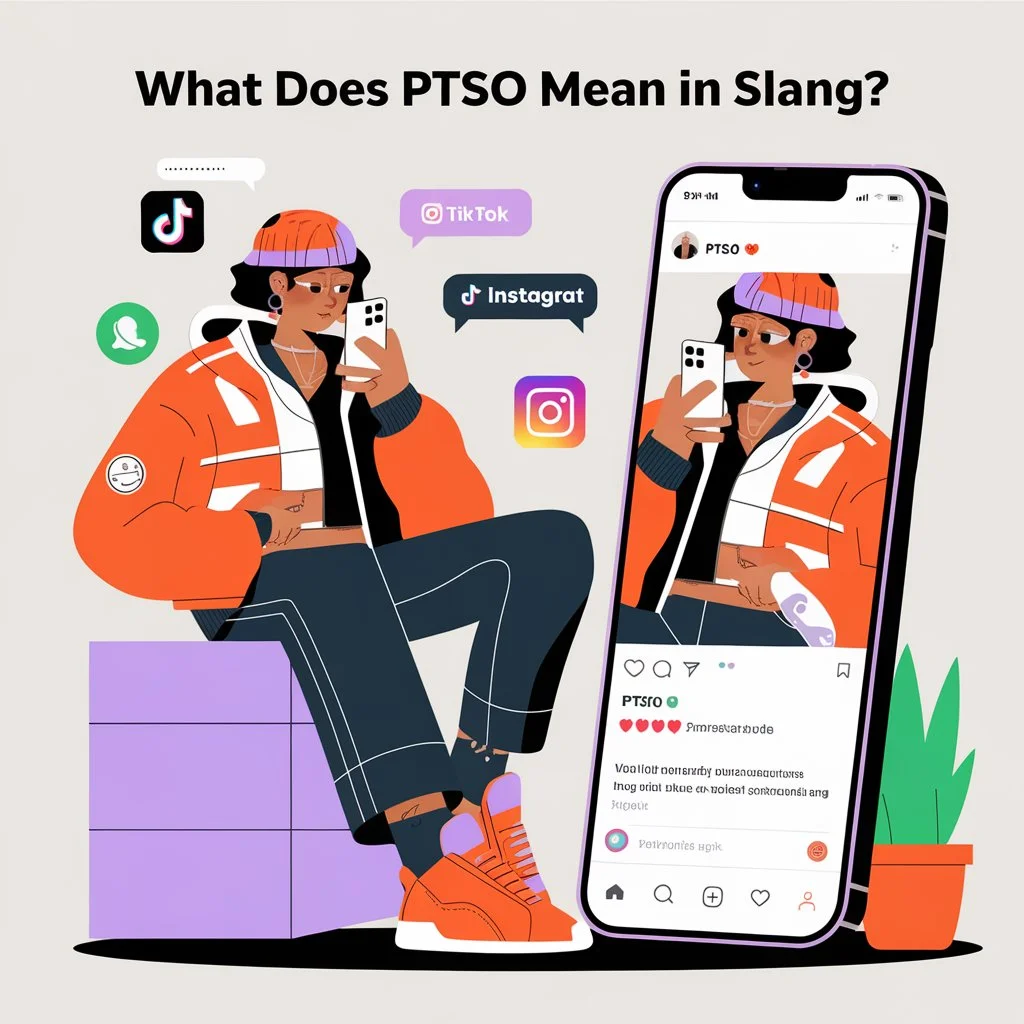 Illustration of a stylish person taking a mirror selfie while wearing a trendy outfit, with a chat bubble saying “PTSO 🔥,” representing the slang meaning of PTSO (Put That Sht On) used to compliment someone’s fashion in text and social media.*