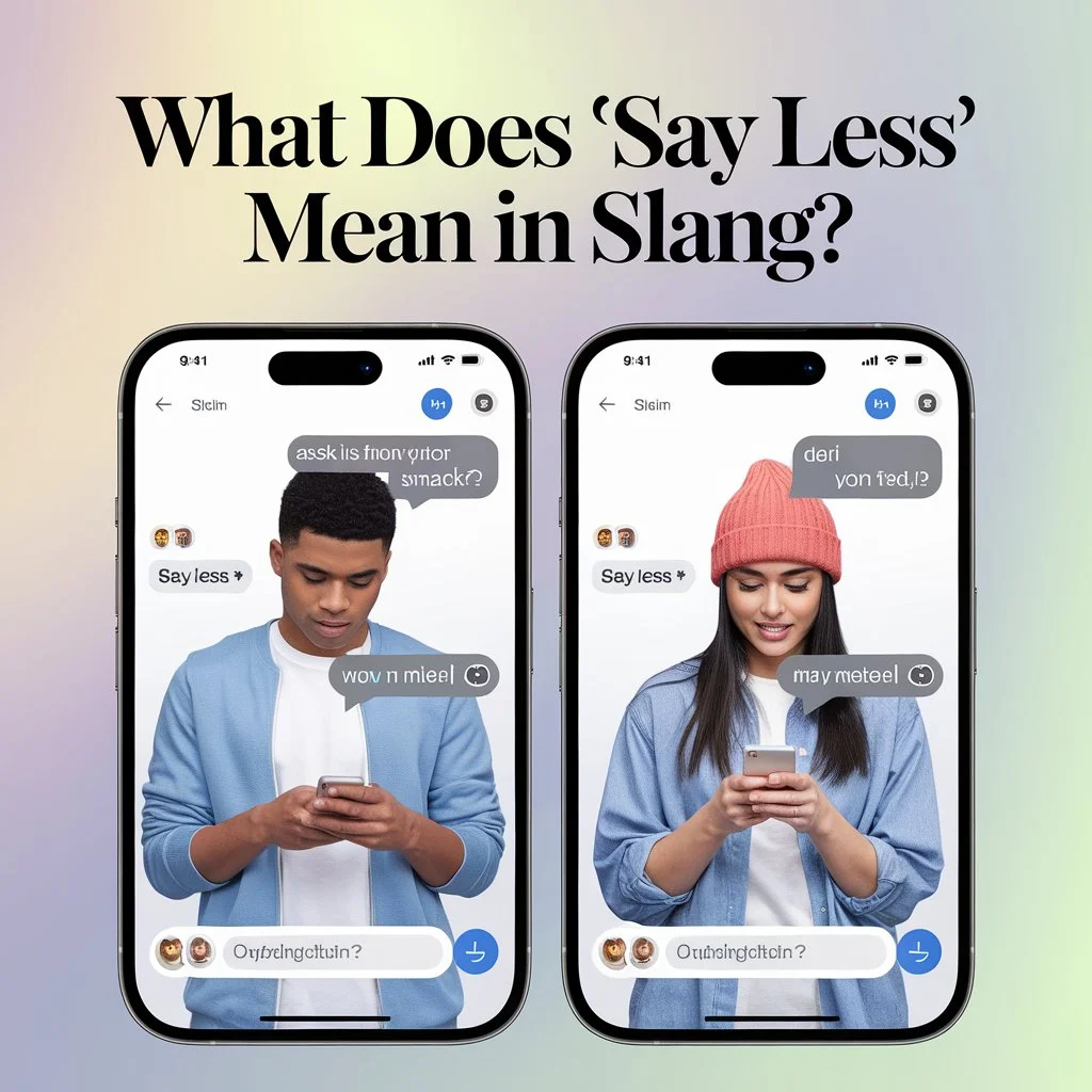 Two young people texting on smartphones, with a chat bubble reply “Say less,” illustrating agreement and understanding in casual slang conversations.