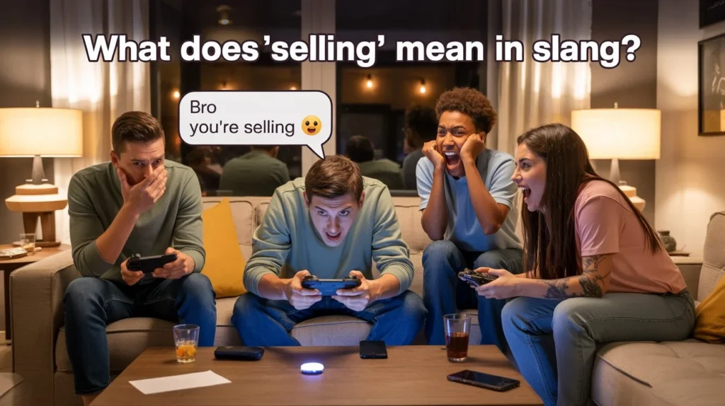 Group of friends reacting while gaming, with one player’s screen showing “you’re selling,” illustrating the slang meaning of making mistakes or ruining a situation.