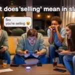 Group of friends reacting while gaming, with one player’s screen showing “you’re selling,” illustrating the slang meaning of making mistakes or ruining a situation.