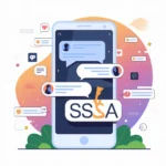 Illustration of a smartphone displaying a chat conversation with the slang abbreviation “SSA” in a message bubble, representing the meaning of SSA in texting and social media conversations.