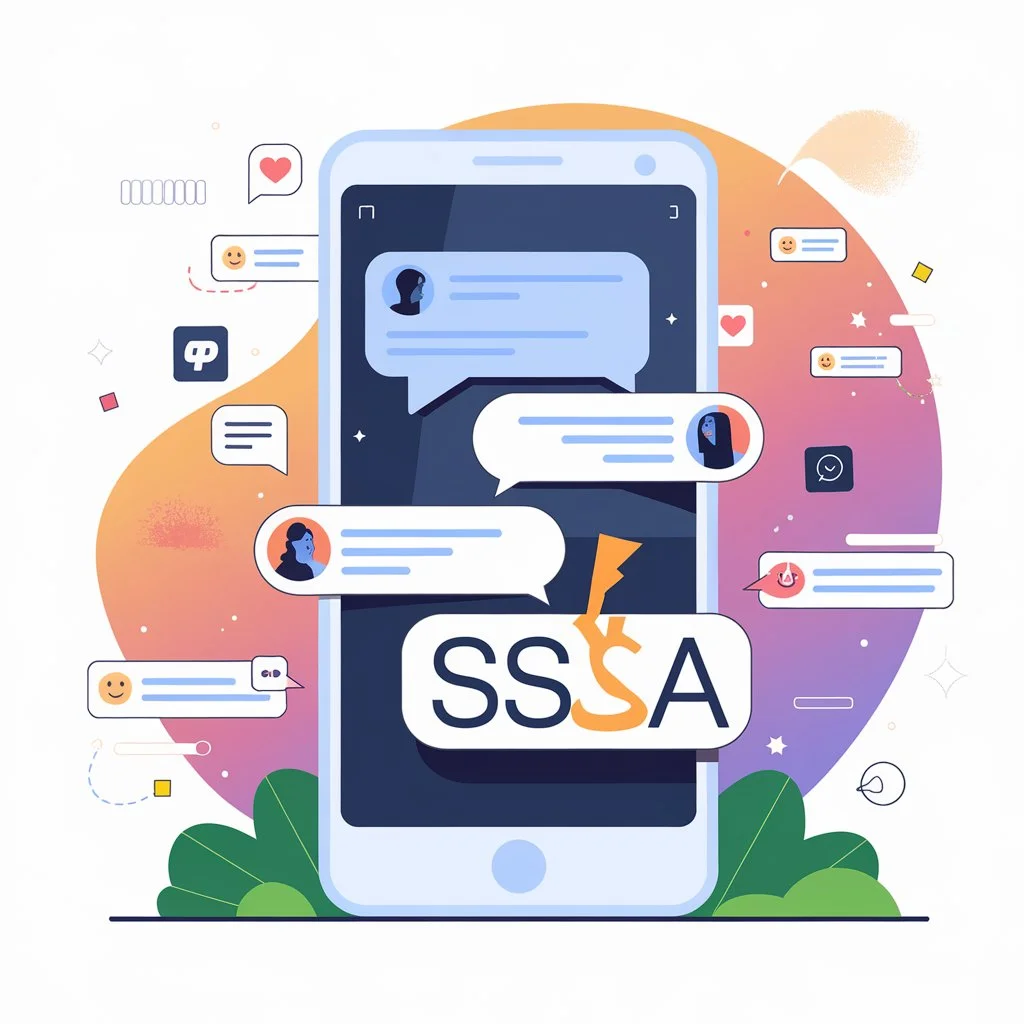 Illustration of a smartphone displaying a chat conversation with the slang abbreviation “SSA” in a message bubble, representing the meaning of SSA in texting and social media conversations.