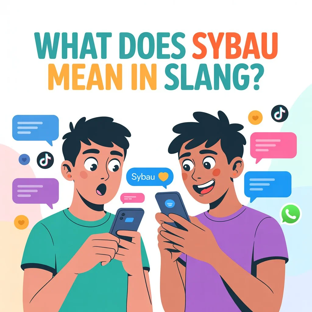Illustration of two friends chatting on smartphones with a message bubble saying “SYBAU,” showing the slang acronym meaning “Shut Your Btch Ass Up” used in texting and social media conversations.*