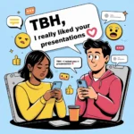 Cartoon illustration of two young people texting on smartphones with a chat bubble saying “TBH I really liked your presentation,” representing the slang meaning of TBH as “to be honest” in online chats and social media conversations.