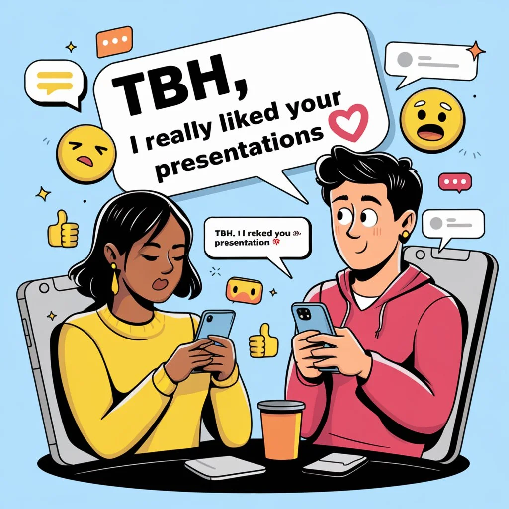 Cartoon illustration of two young people texting on smartphones with a chat bubble saying “TBH I really liked your presentation,” representing the slang meaning of TBH as “to be honest” in online chats and social media conversations.