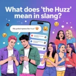 Group of young people chatting with a phone message saying “impress the huzz,” illustrating the slang meaning of “the huzz” referring to girls in casual conversation.