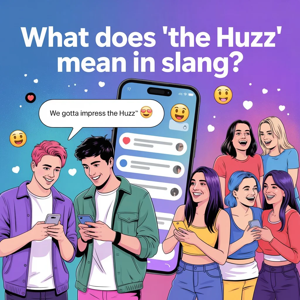 Group of young people chatting with a phone message saying “impress the huzz,” illustrating the slang meaning of “the huzz” referring to girls in casual conversation.