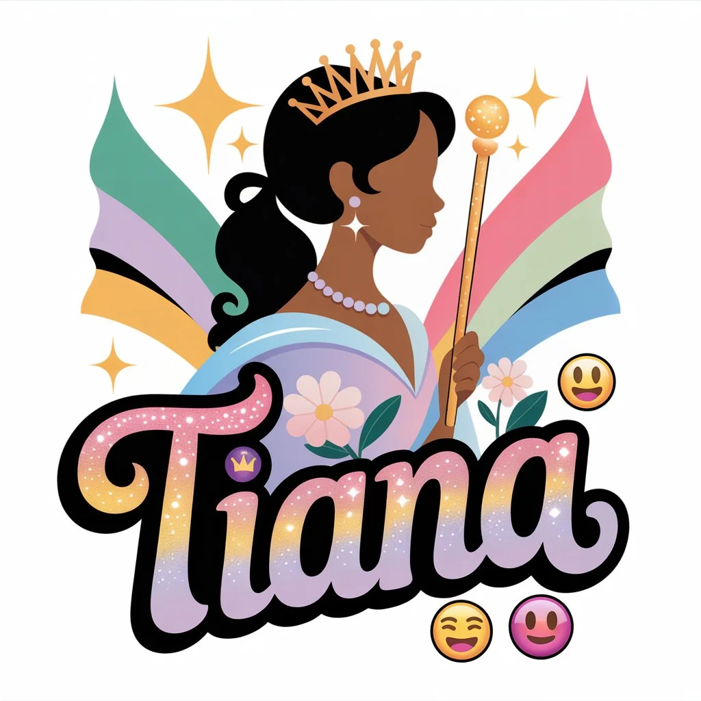 A colorful and playful illustration of a princess named "Tiana," featuring a crown, flowers, and emojis. The design emphasizes grace, leadership, and elegance, with a digital, modern twist