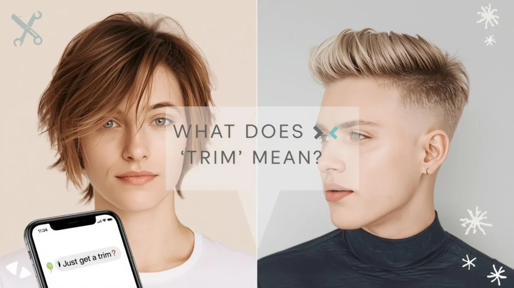 Split image showing before and after haircut transformation, with messy hair on one side and a clean styled trim on the other, alongside a smartphone displaying a message “Just get a trim?” and text overlay “What Does ‘Trim’ Mean?”