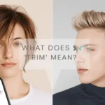 Split image showing before and after haircut transformation, with messy hair on one side and a clean styled trim on the other, alongside a smartphone displaying a message “Just get a trim?” and text overlay “What Does ‘Trim’ Mean?”