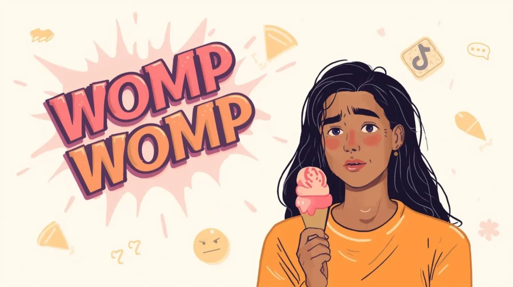 Disappointed young woman holding melting ice cream with bold “Womp Womp” text, illustrating a funny reaction to a small fail or unlucky moment in slang.