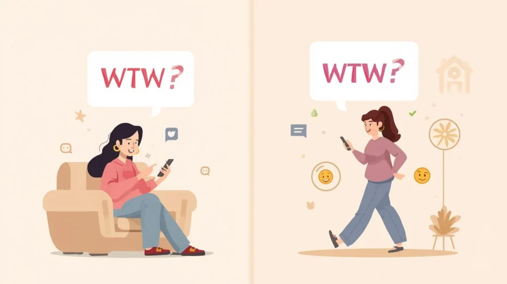 Illustration of two friends texting on smartphones with a chat bubble showing “WTW?”, representing the slang meaning “What’s the word?” used in texting and social media conversations.