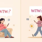 Illustration of two friends texting on smartphones with a chat bubble showing “WTW?”, representing the slang meaning “What’s the word?” used in texting and social media conversations.