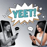 Illustration of two friends texting on smartphones with a large chat bubble saying “YEET,” representing the slang meaning of excitement or throwing something forcefully in social media and texting conversations.