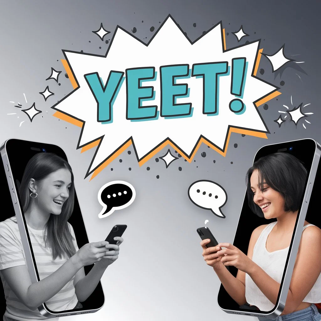 Illustration of two friends texting on smartphones with a large chat bubble saying “YEET,” representing the slang meaning of excitement or throwing something forcefully in social media and texting conversations.