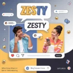 Illustration of two friends texting on smartphones while one acts dramatic and expressive, with a chat bubble showing “ZESTY,” representing the slang meaning used in texting and social media conversations.