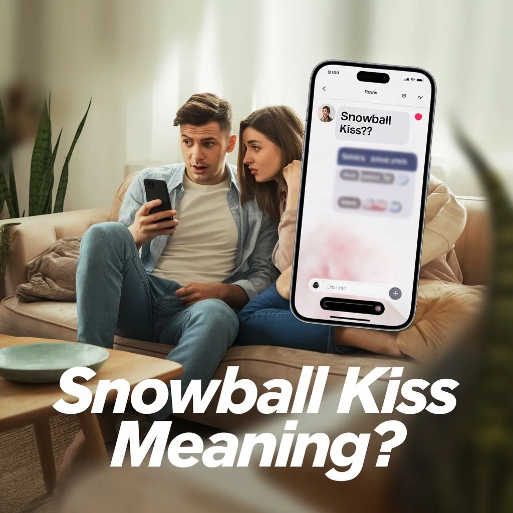 Two young adults sitting indoors looking at a phone with surprised and confused expressions, with a chat message showing “snowball kiss??” highlighting curiosity about the slang meaning.