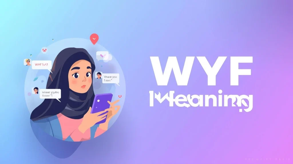 Illustration of a young person using a smartphone with a chat message showing “WYF?” and “Where you from?”, representing the meaning of WYF in texting and social media conversations.