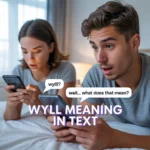 Two young people texting on smartphones, reacting to a message that says “WYLL?” with confused and curious expressions, illustrating the meaning of WYLL slang in texting conversations.