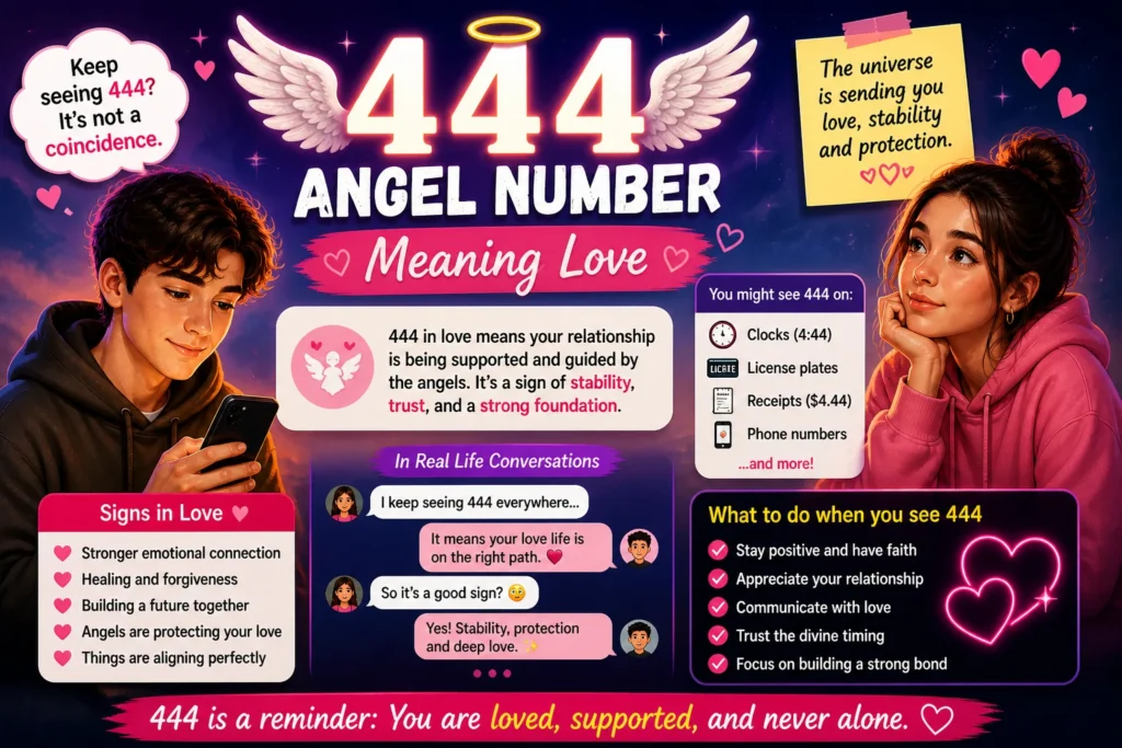 444 angel number meaning love infographic with Gen Z couple, angel wings, hearts, and text showing stability, protection, and emotional connection in relationships