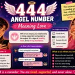 444 angel number meaning love infographic with Gen Z couple, angel wings, hearts, and text showing stability, protection, and emotional connection in relationships