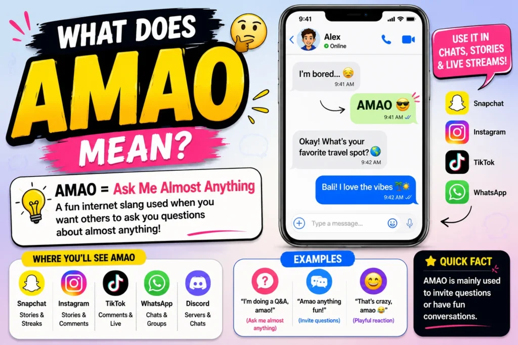 AMAO slang meaning infographic showing a clean smartphone chat, colorful social media icons, and the phrase “Ask Me Almost Anything” in bold modern text.