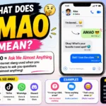 AMAO slang meaning infographic showing a clean smartphone chat, colorful social media icons, and the phrase “Ask Me Almost Anything” in bold modern text.