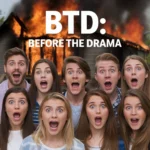 Dramatic featured image showing shocked young people in front of a burning house with bold text “BTD: Before the Drama,” representing the slang meaning of BTD in texting and social media conversations.