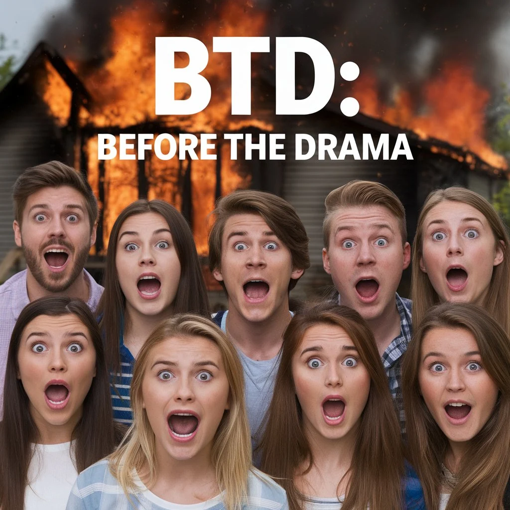 Dramatic featured image showing shocked young people in front of a burning house with bold text “BTD: Before the Drama,” representing the slang meaning of BTD in texting and social media conversations.