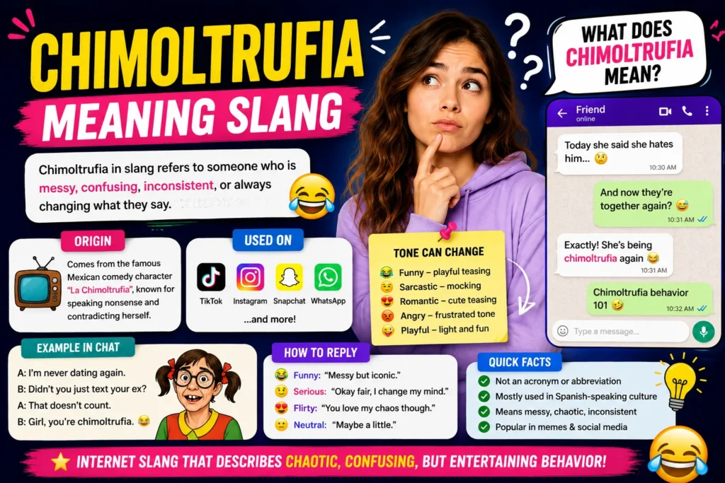 Colorful featured image for “Chimoltrufia Meaning Slang” showing a confused but funny-looking character with chat bubbles and social media icons, representing the quirky internet slang term and its meaning in texting culture.