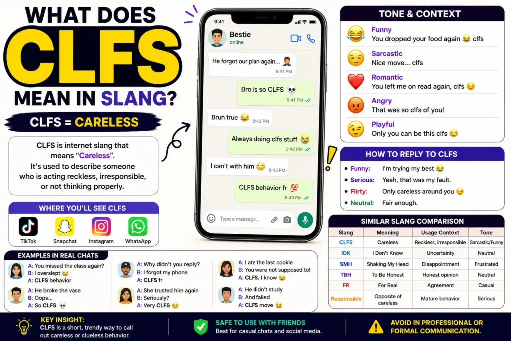 CLFS meaning slang infographic showing “CLFS” stands for “careless” with smartphone texting examples, tone explanations, reply ideas, social media usage on TikTok, Snapchat, Instagram, and WhatsApp, plus similar slang comparison table