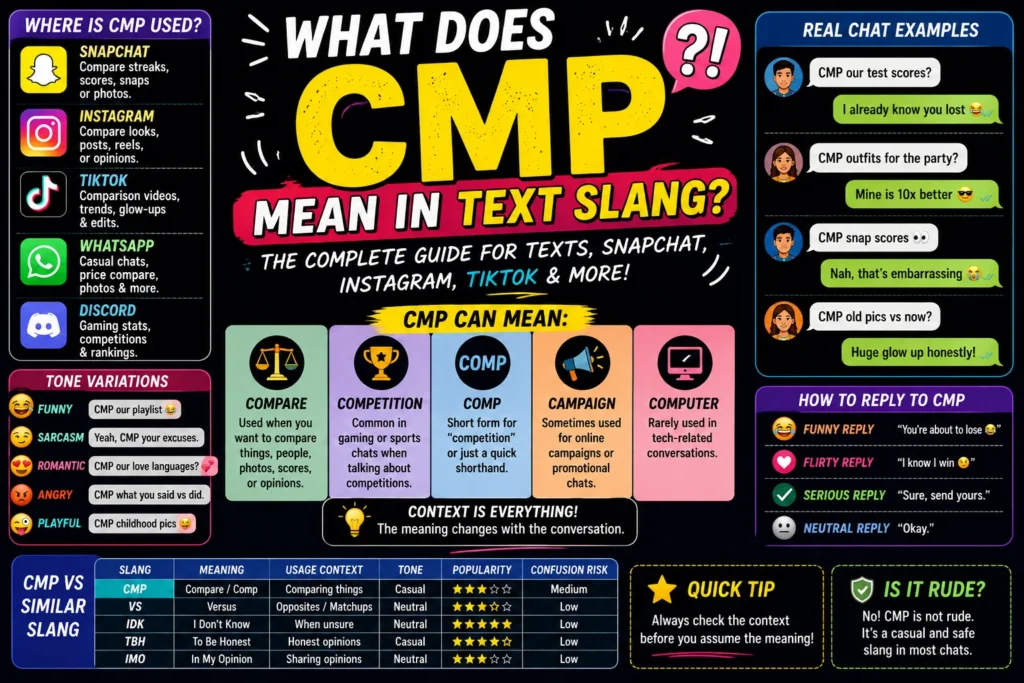 Colorful featured image explaining “CMP” text slang meaning with bold typography, chat bubbles, smartphone messaging icons, and modern Gen Z social media style graphics.