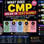 Colorful featured image explaining “CMP” text slang meaning with bold typography, chat bubbles, smartphone messaging icons, and modern Gen Z social media style graphics.