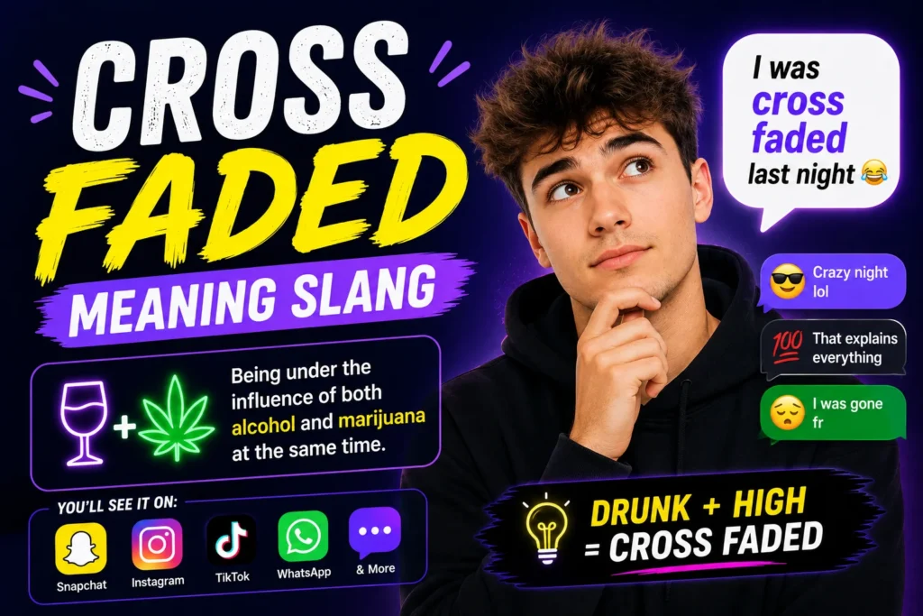 Featured image for “Cross Faded Meaning Slang” showing a confused young man with chat bubbles and bold text explaining that “cross faded” means being under the influence of alcohol and marijuana at the same time, with Snapchat, Instagram, TikTok, and WhatsApp icons in a modern neon-style design.