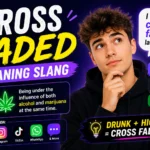 Featured image for “Cross Faded Meaning Slang” showing a confused young man with chat bubbles and bold text explaining that “cross faded” means being under the influence of alcohol and marijuana at the same time, with Snapchat, Instagram, TikTok, and WhatsApp icons in a modern neon-style design.