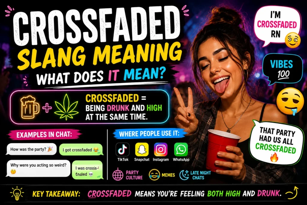 Colorful featured image explaining “Crossfaded” slang meaning with bold text, vibrant party-style background, and expressive emoji-style reactions representing mixed intoxication and internet slang culture.